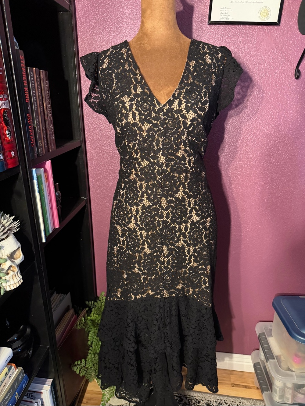 TH Black Lace V-Neck Midi Dress- goth dark academia dark romance witchy